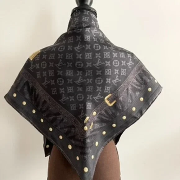 Louis Vuitton Scarf Monogram Denim Blask Gray Square Silk Wrap - Picture 6 of 16
